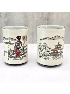 Japanese Ceramic Tea Cups Set Of 2 With Scenic Geisha & Pagoda Designs VL5093